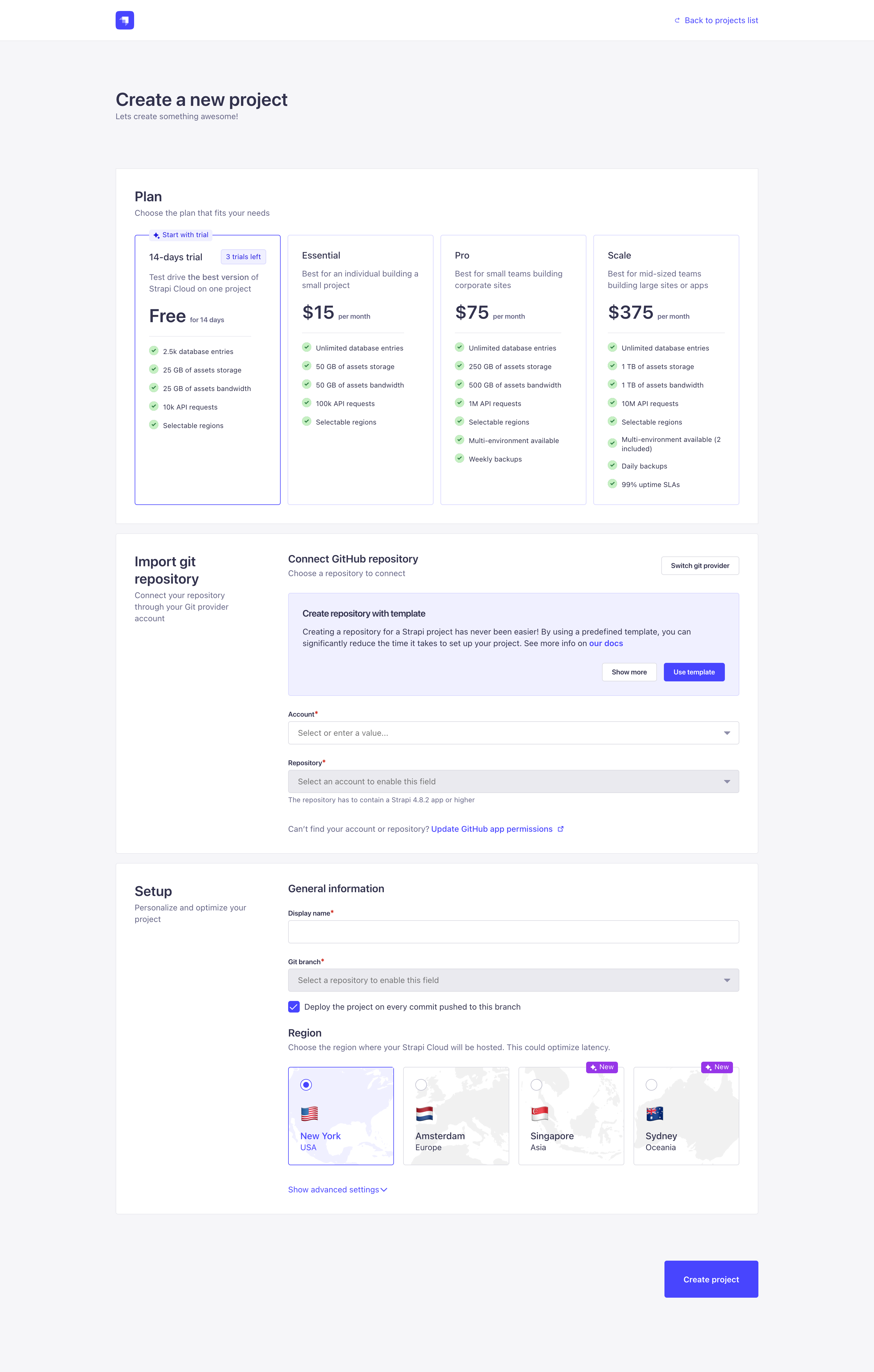 Strapi Cloud project creation, step 1