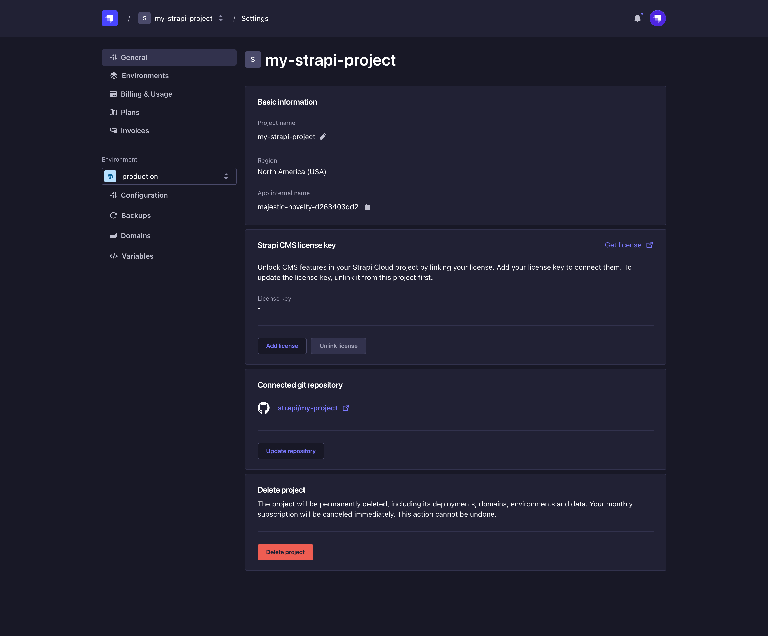 Project settings page